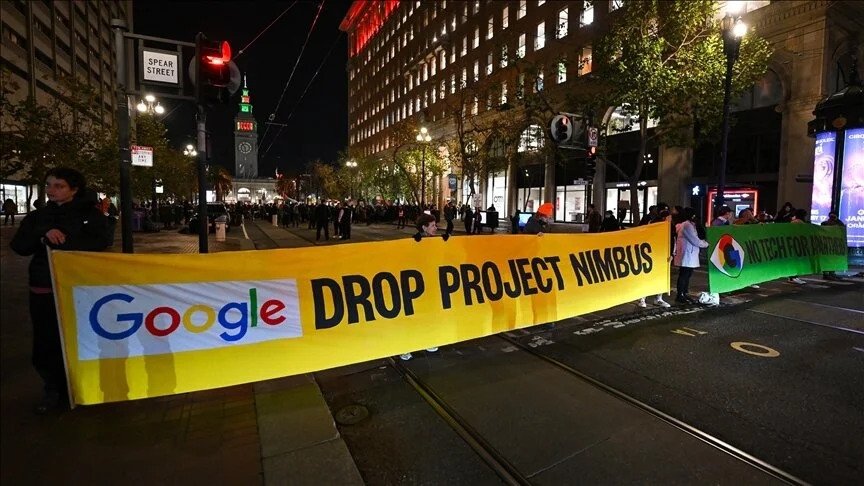 This undated picture shows the "No Tech For Apartheid" group protesting against Google's links to Israel. (AA Photo)