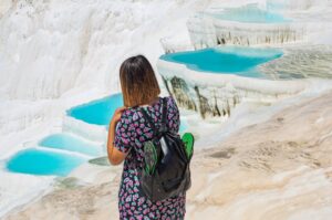 A tourist visits Pamukkale, a World Heritage-protected site in western Türkiye, April 25, 2022. (Reuters Photo)