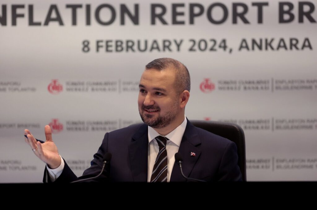 Fatih Karahan, the governor of the Central Bank of the Republic of Türkiye (CBRT), speaks during an inflation report briefing in Ankara, Türkiye, Feb. 8, 2024. (EPA Photo)