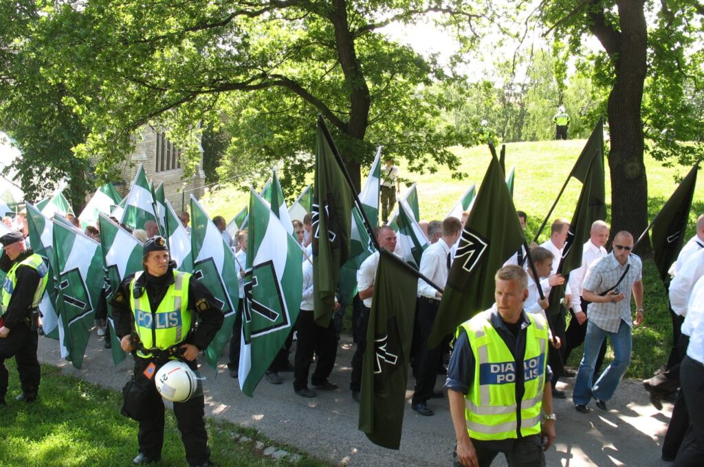 Members of the neo-Nazi organization Swedish Resistance Movement (Svenska motståndsrörelsen) taking part in a nationalist demonstration in Stockholm on National Day, June 6, 2007. (Wikipedia File Photo)