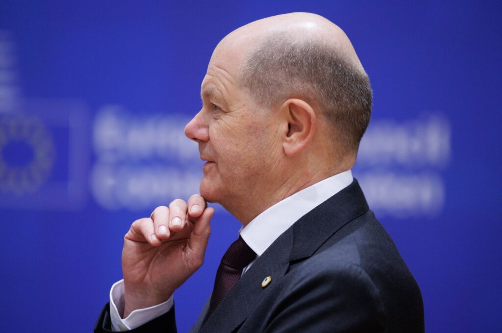 German Chancellor Olaf Scholz attends a roundtable during a special meeting of the European Council in Brussels, Belgium, April 17, 2024. (EPA Photo)