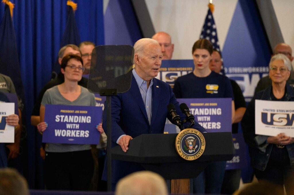 U.S. President Joe Biden speaks to members of the United Steel Workers Union at the United Steel Workers Headquarters in Pittsburgh, Pennsylvania, U.S., April 17, 2024. (AFP Photo)