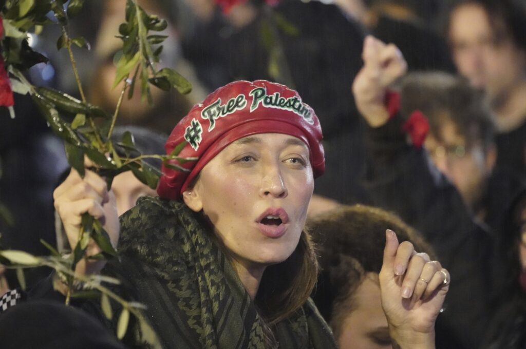 Alana Hadid participates in a sit-in demanding a cease-fire in the Israeli-Palestinian war in Los Angeles, U.S., Nov. 15, 2023. (AP Photo)