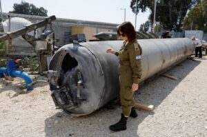 Israel's military displays what they say is an Iranian ballistic missile, which they retrieved from the Dead Sea after Iran launched drones and missiles toward Israel, Juli's military base, southern Israel, April 16, 2024. (Reuters Photo)