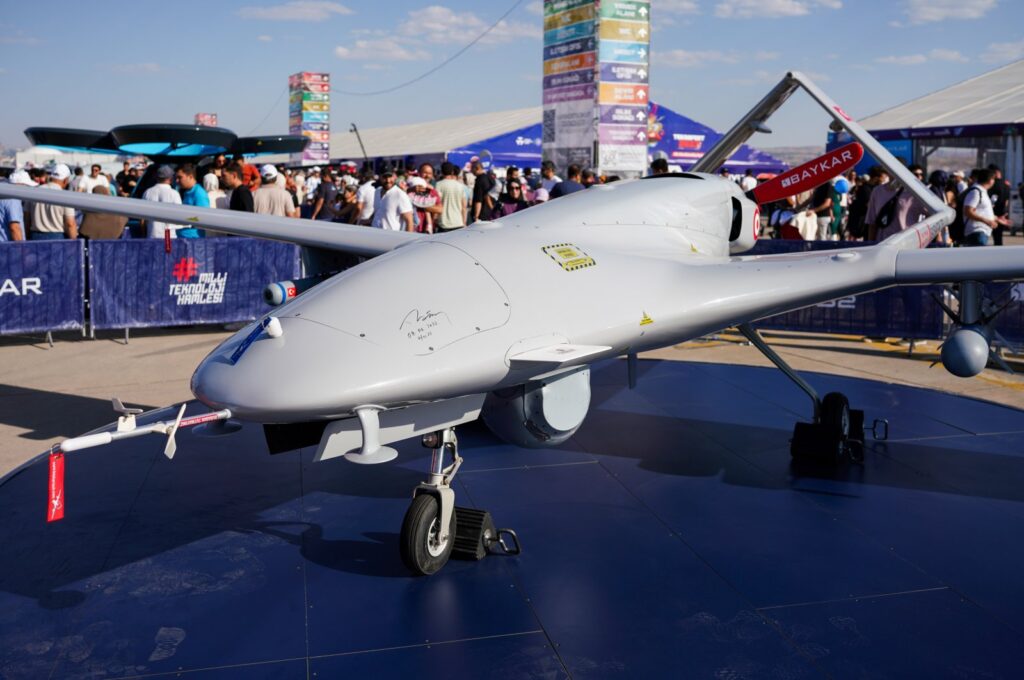 Developed by Baykar, Bayraktar TB2, a medium altitude long-range unmanned combat aerial vehicle (UCAV), is exhibited at the premier technology and aerospace festival Teknofest, held in the capital Ankara, Türkiye, Aug. 30, 2023. (Reuters Photo)