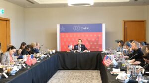 Murat Özyeğin (C), the head of the Türkiye-U.S. Business Council (TAIK), speaks during a meeting with journalists, in Istanbul, Türkiye, April 19, 2024. (Courtesy of TAIK)