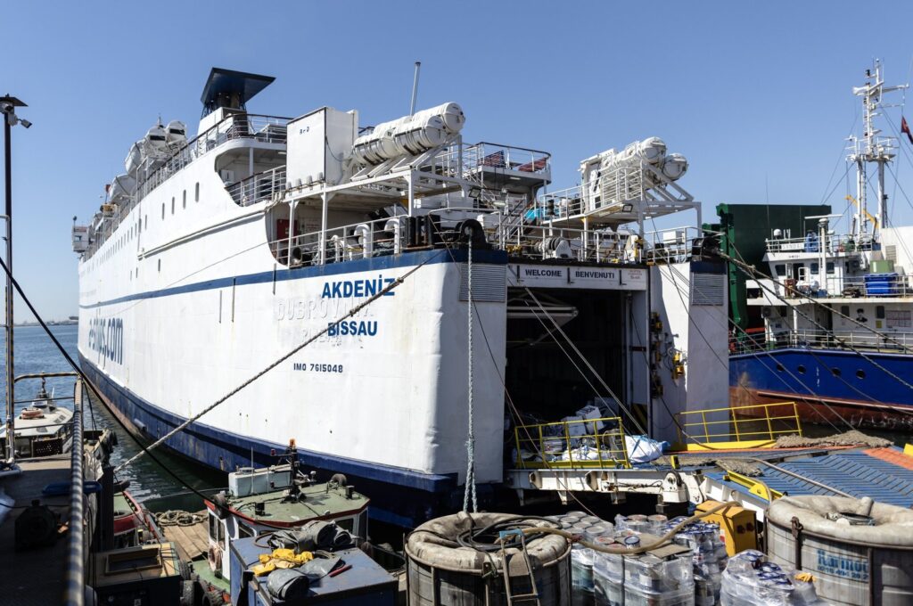 General view of the Akdeniz RoRo ship, part of the flotilla, in Istanbul, Türkiye, April 15, 2024. (EPA Photo)