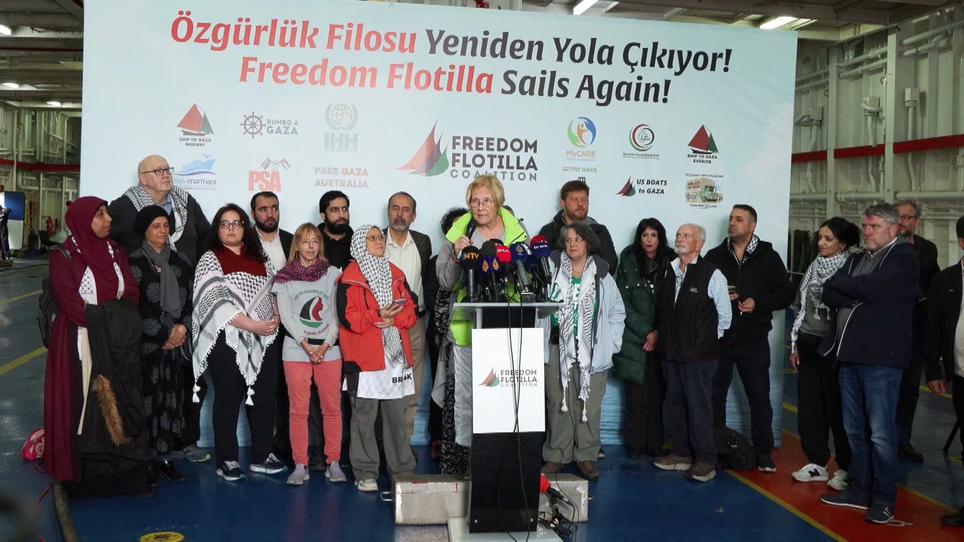 324376 Retired U.S. colonel and former diplomat Ann Wright speaks at a news conference with other activists, aboard the Akdeniz vessel, Istanbul, Türkiye, April 19, 2024. (DHA Photo)