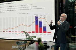 Startups.watch founder Serkan Ünsal delivers remarks during an event in Istanbul, Türkiye, April 16, 2024. (Courtesy of startups.watch)