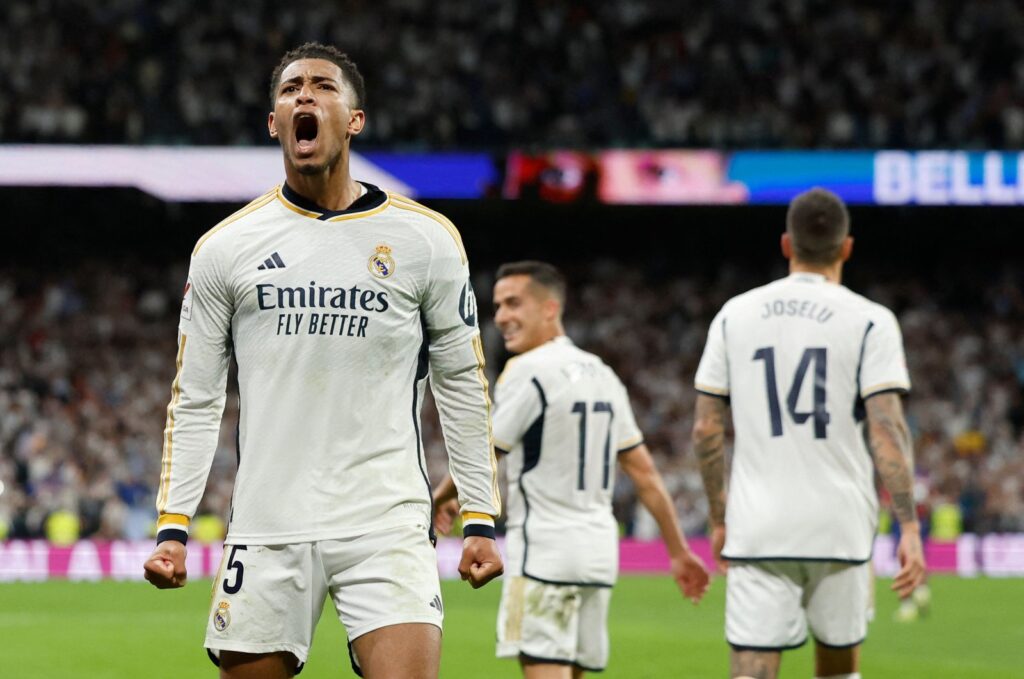 Real Madrid's Jude Bellingham celebrates scoring a goal against Barcelona, Madrid, Spain, April 21, 2024. (AFP Photo)