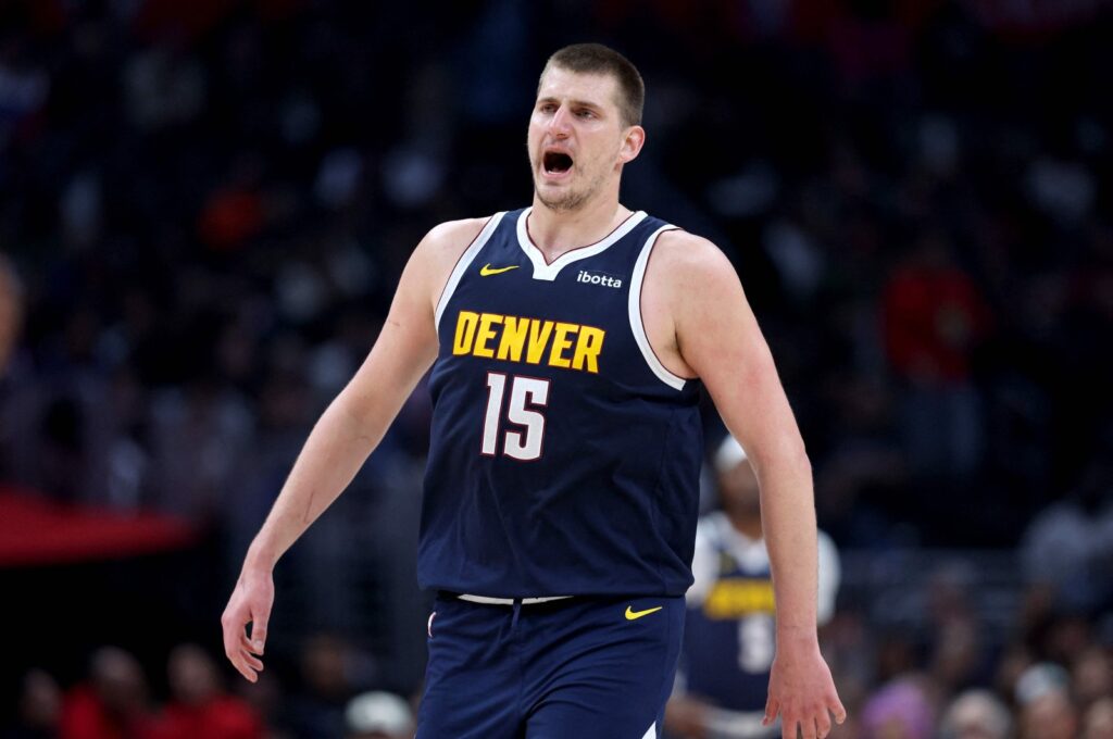 Denver Nuggets' Nikola Jokic celebrates a score during a 102-100 LA Clippers win at Crypto.com Arena, Los Angeles, California, U.K., April 4, 2024. (AFP Photo)