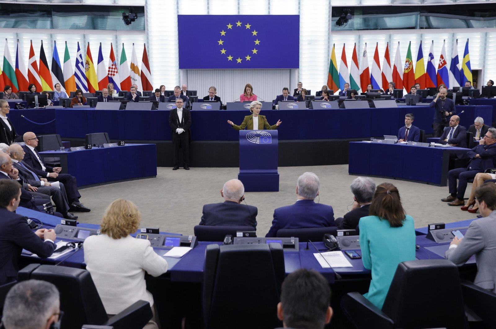 European Commission President Ursula von der Leyen (C) delivers a speech during a formal sitting on the 20th anniversary of the 2004 EU Enlargement at the European Parliament in Strasbourg, France, April 24, 2024. (EPA Photo)