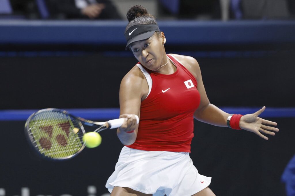 Naomi Osaka returns a shot against Yulia Putintseva during their Billie Jean King Cup tennis match, Tokyo, Japan, April 12, 2024. (AP Photo)