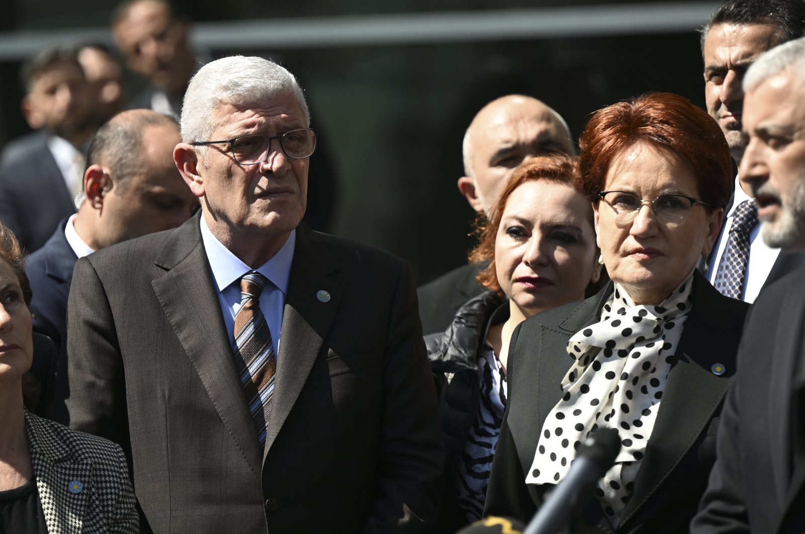 IP leader Meral Akşener (R) visits the Supreme Election Board with Müsavat Dervişoğlu, the candidate for party leadership, Ankara, Türkiye, April 9, 2024. (AA Photo)