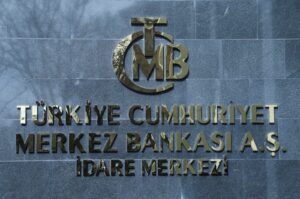 A logo of the Central Bank of the Republic of Türkiye (CBRT) is pictured at the entrance to its headquarters, Ankara, Türkiye, Feb. 8, 2024. (Reuters Photo)