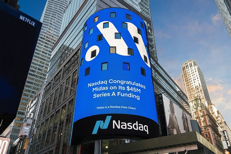 The logo of Midas is pictured on the display outside the Nasdaq Market Site in Times Square after the company’s $45 million Series A funding round in New York, U.S., April 22, 2024. (DHA Photo)