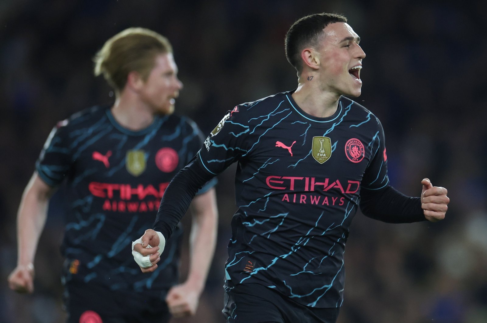 Manchester City's Phil Foden celebrates scoring in a Premier League match against Brighton & Hove Albion, in Brighton, U.K., April 25, 2024. (EPA Photo)