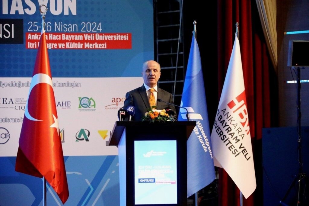 YÖK President Erol Özvar delivers a speech at the "International Quality Assurance and Accreditation Conference," Ankara, Türkiye, April 29, 2024. (IHA Photo)