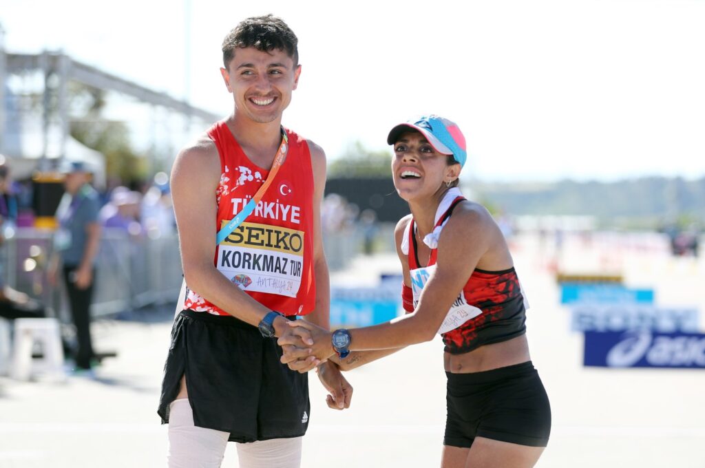 Turkish athletes Salih Korkmaz (L) and Meryem Bekmez celebrate after securing the 2024 Paris Olympics, Antalya, Türkiye, April 21, 2024. (IHA Photo)