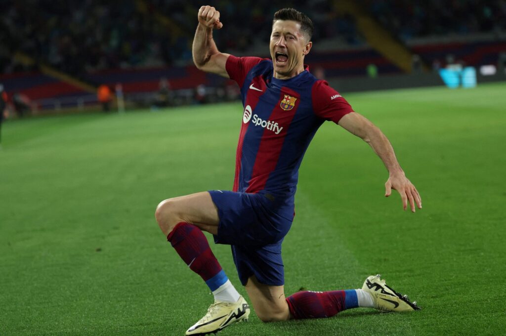 Barcelona's Robert Lewandowski celebrates after scoring his team's third goal during the La Liga match against Valencia at the Estadi Olimpic Lluis Companys, Barcelona, Spain, April 29, 2024. (AFP Photo)
