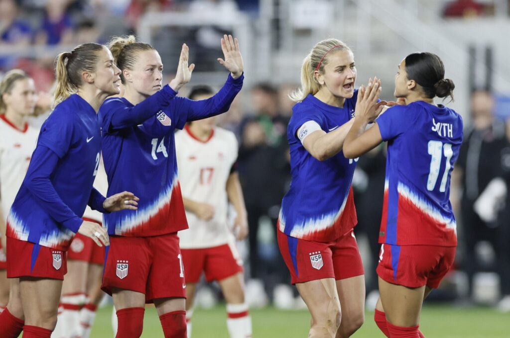 USWNT's Sophia Smith (R) celebrates her goal against Canada with teammates during the shoot out of a SheBelieves Cup women's match, Ohio, U.S., April 9, 2024. (AP Photo)