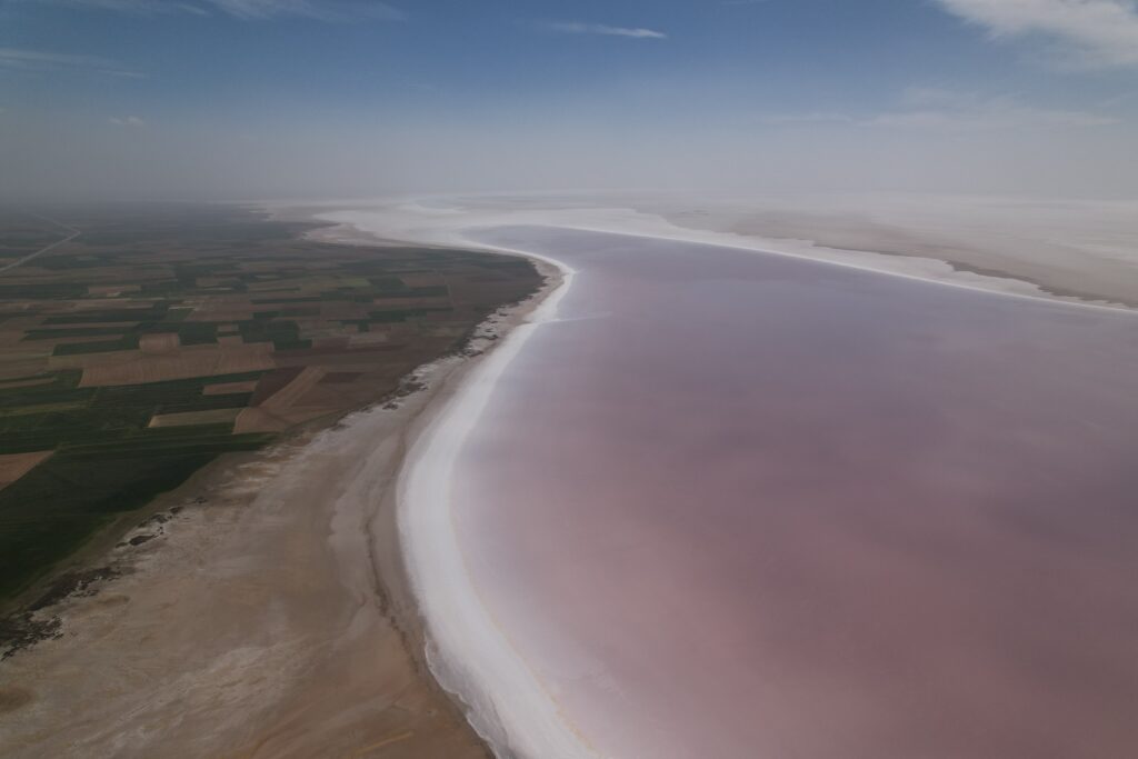 Tuz Lake turns pink due to algae, drawing tourists' attention, Tuz Lake, central Türkiye. April 21, 2024. (IHA Photo)