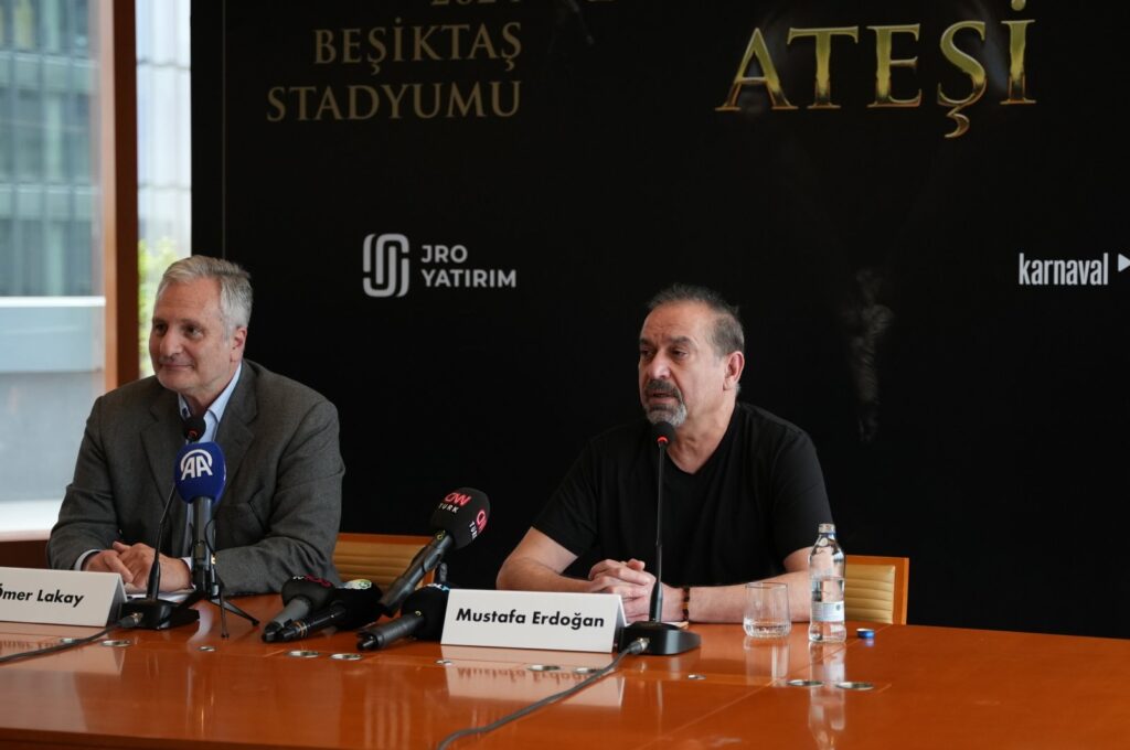 Fire of Anatolia artistic director Mustafa Erdoğan (R) and Ömer Lakay, the CEO of BWO Entertainment, attend the news conference for the group's 25th-anniversary event, Istanbul, Türkiye, April 30, 2024