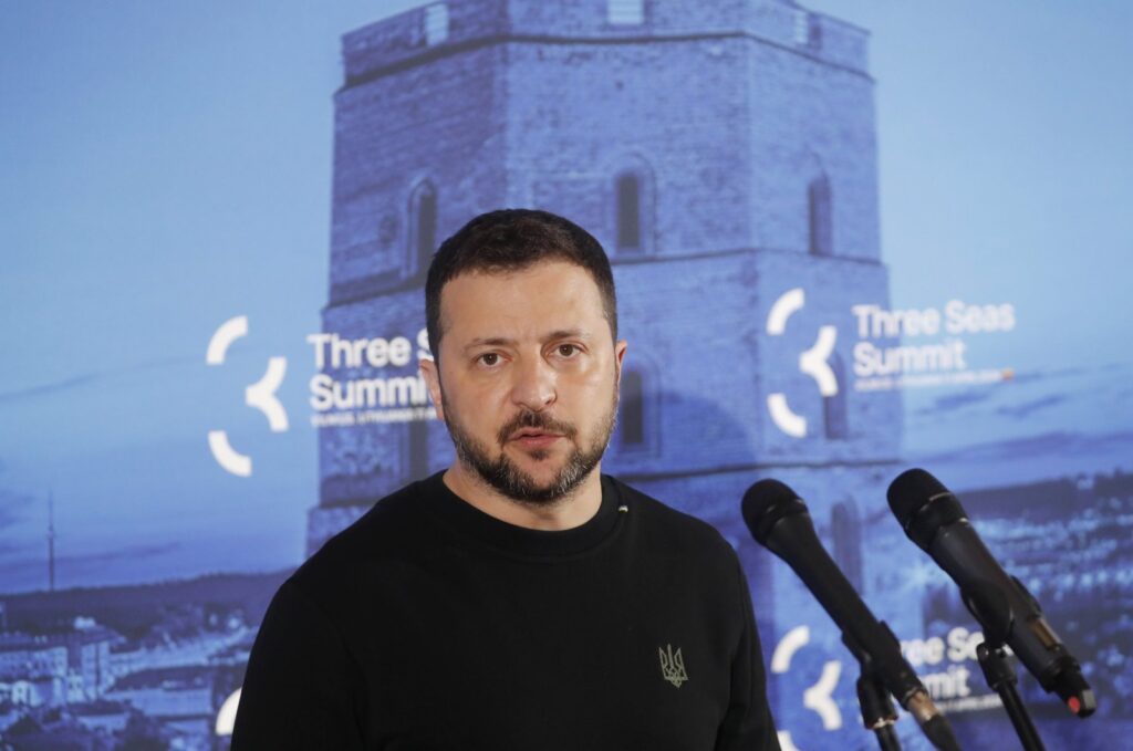 Ukraine's President Volodymyr Zelenskyy speaks to the media during the doorstep of the Three Seas (3SI) Summit at the Palace of the Grand Dukes of Lithuania in Vilnius, Lithuania, April 11, 2024. (EPA Photo)