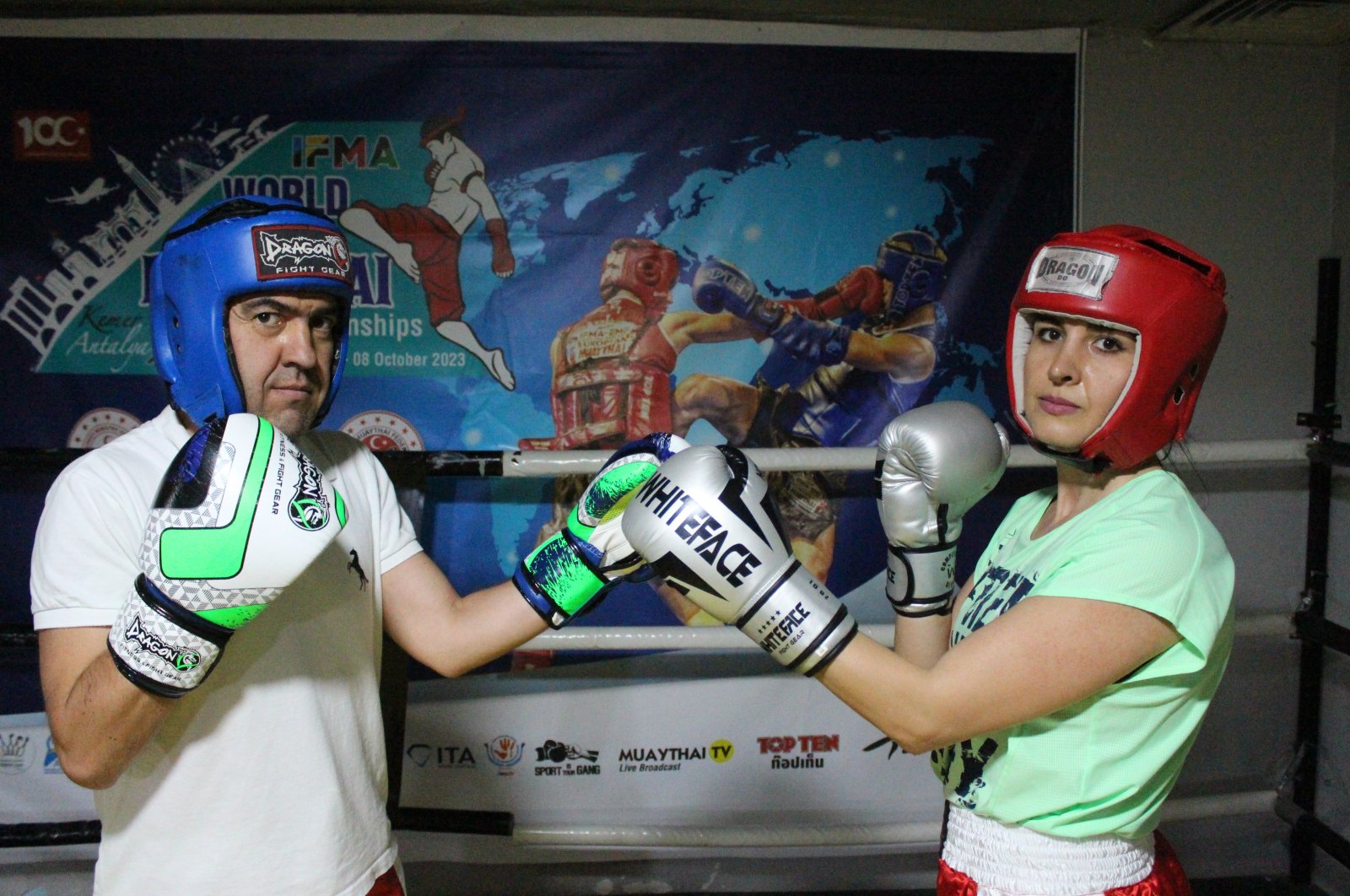Bora Taştan (L) and his wife Gül Taştan pose for photo as they train for the World Cup, Sivas, Türkiye, May  6, 2024. (IHA Photo)