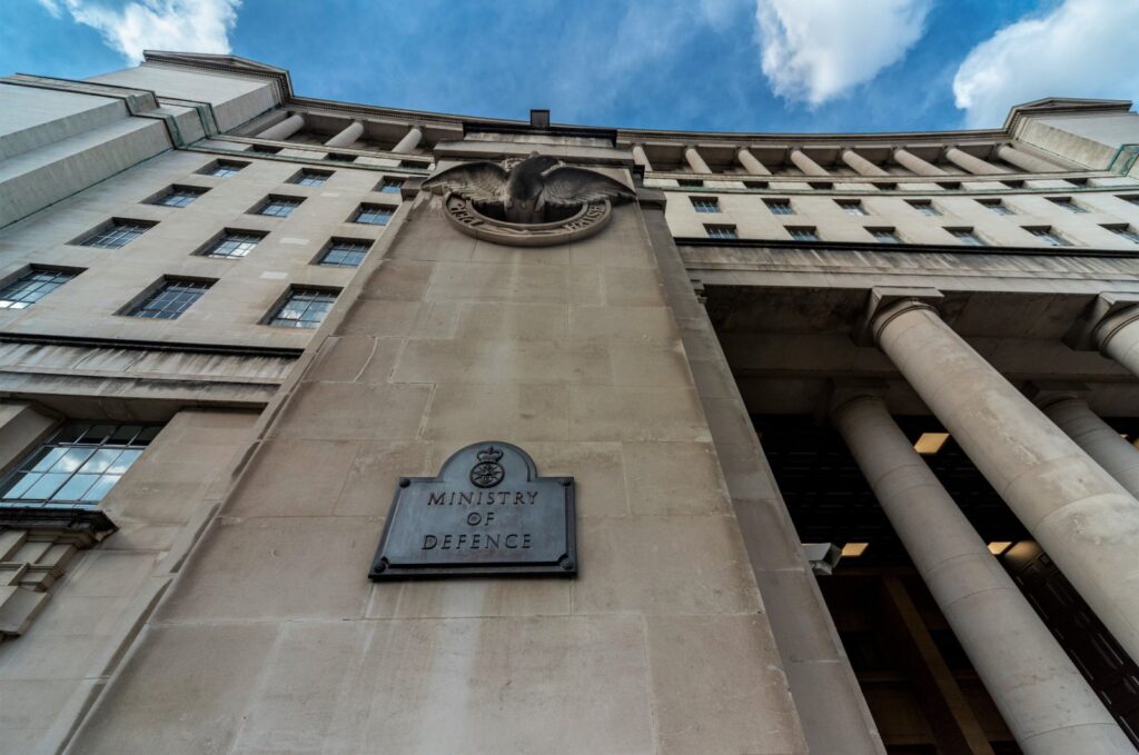View of the main facade of the M.O.D., which stands close to Downing Street and close to the Houses of Parliament, Aug. 21, 2019. (Shutterstock File Photo)