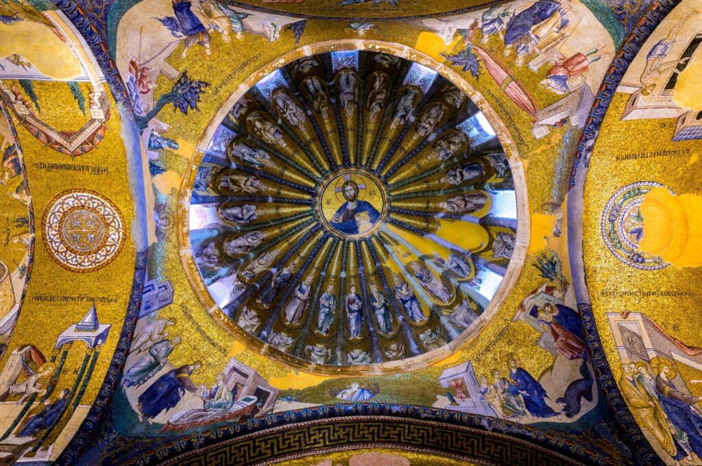 This photograph shows details from the mosaics on the ceiling inside the ancient Orthodox church now reconverted back to being the Kariye Mosque, Istanbul, Türkiye, May 6, 2024. (AFP Photo)