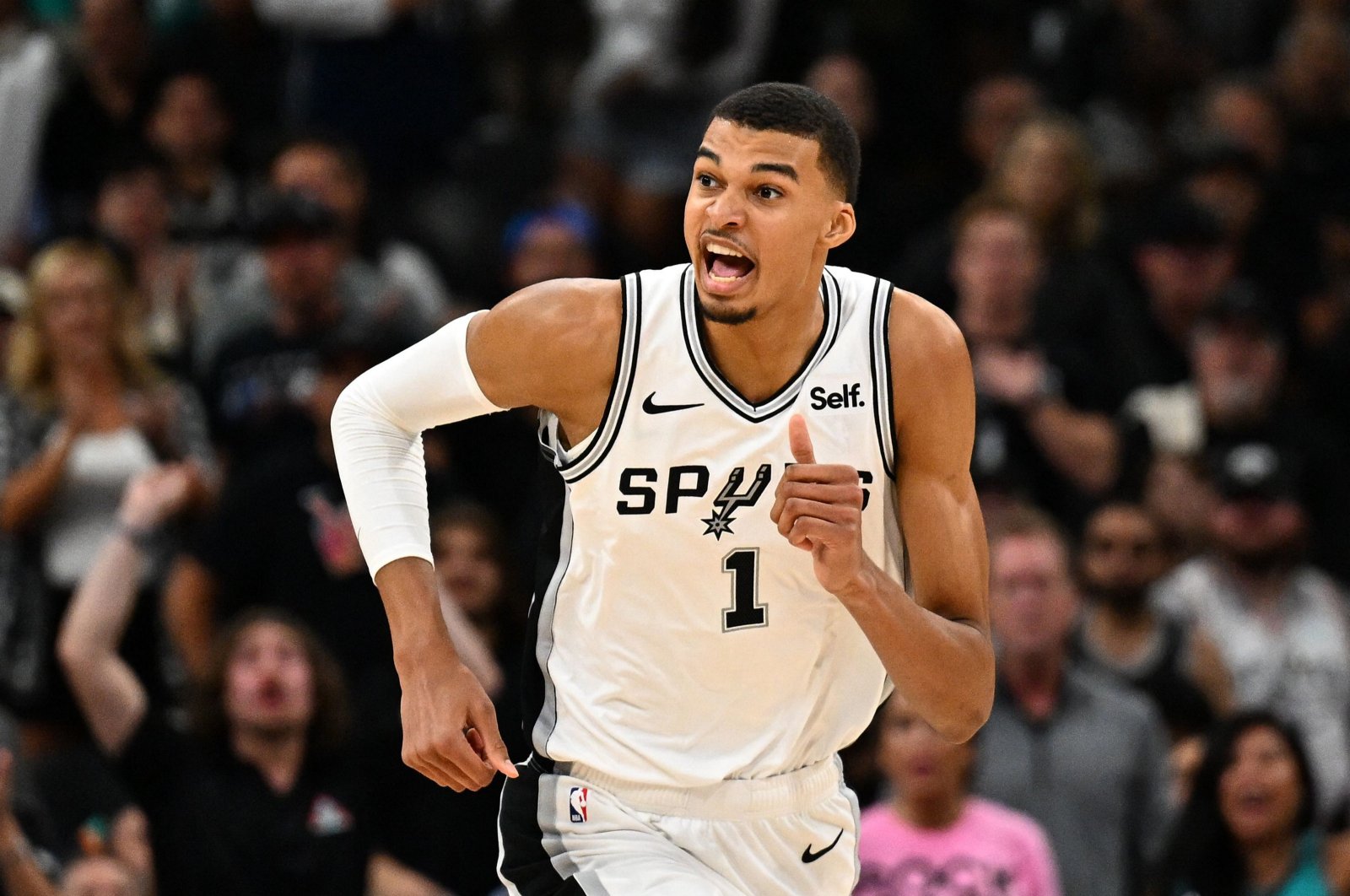 San Antonio Spurs' Victor Wembanyama reacts during the NBA basketball game against Dallas Mavericks at the AT&T Center in San Antonio, Texas, U.S., Oct. 25, 2023. (AFP Photo)