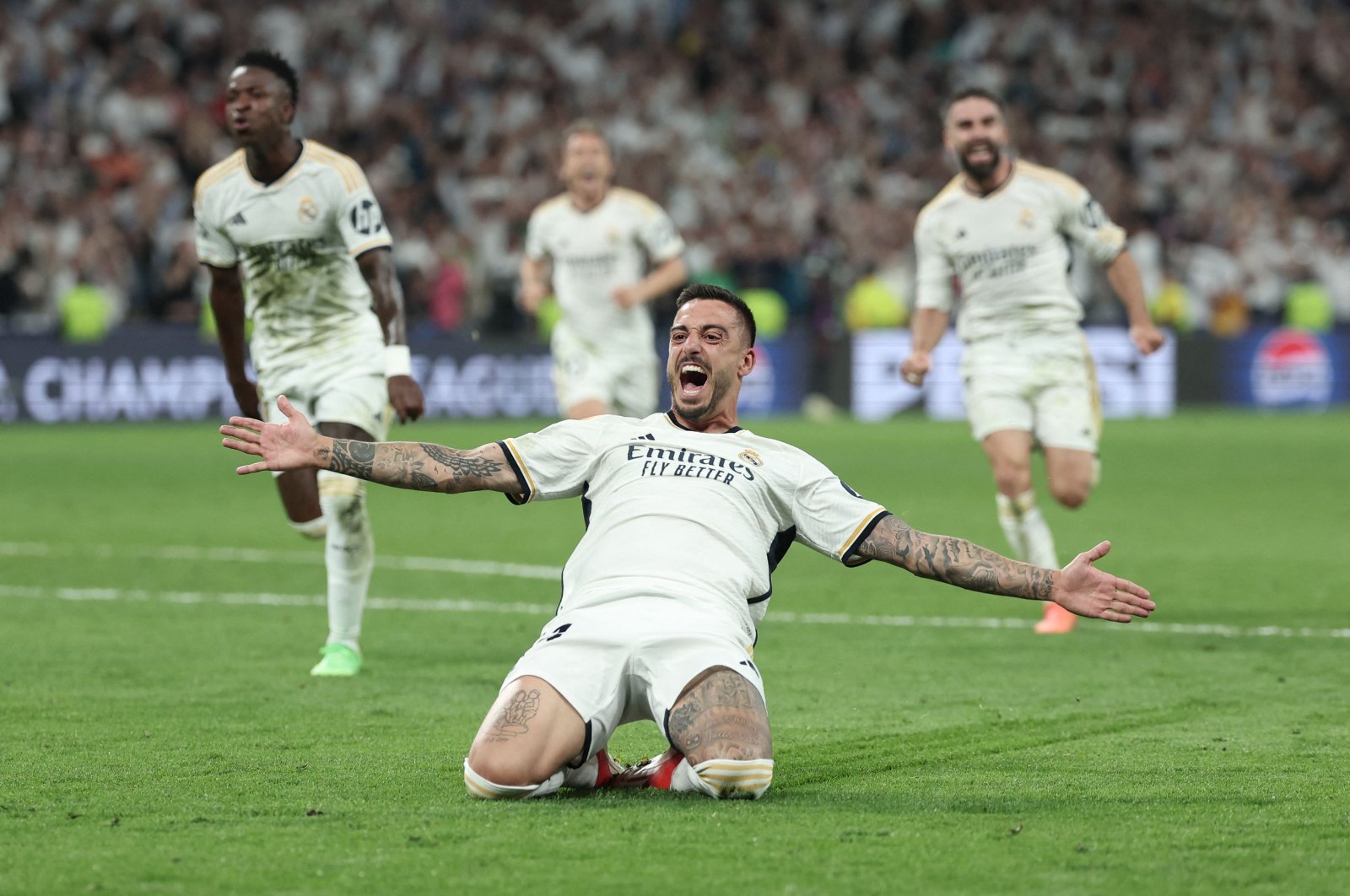 Real Madrid's Joselu celebrates scoring during the UEFA Champions League semi final second leg football match against Bayern Munich at Santiago Bernabeu Stadium, Madrid, Spain, May 8, 2024. (AFP Photo)