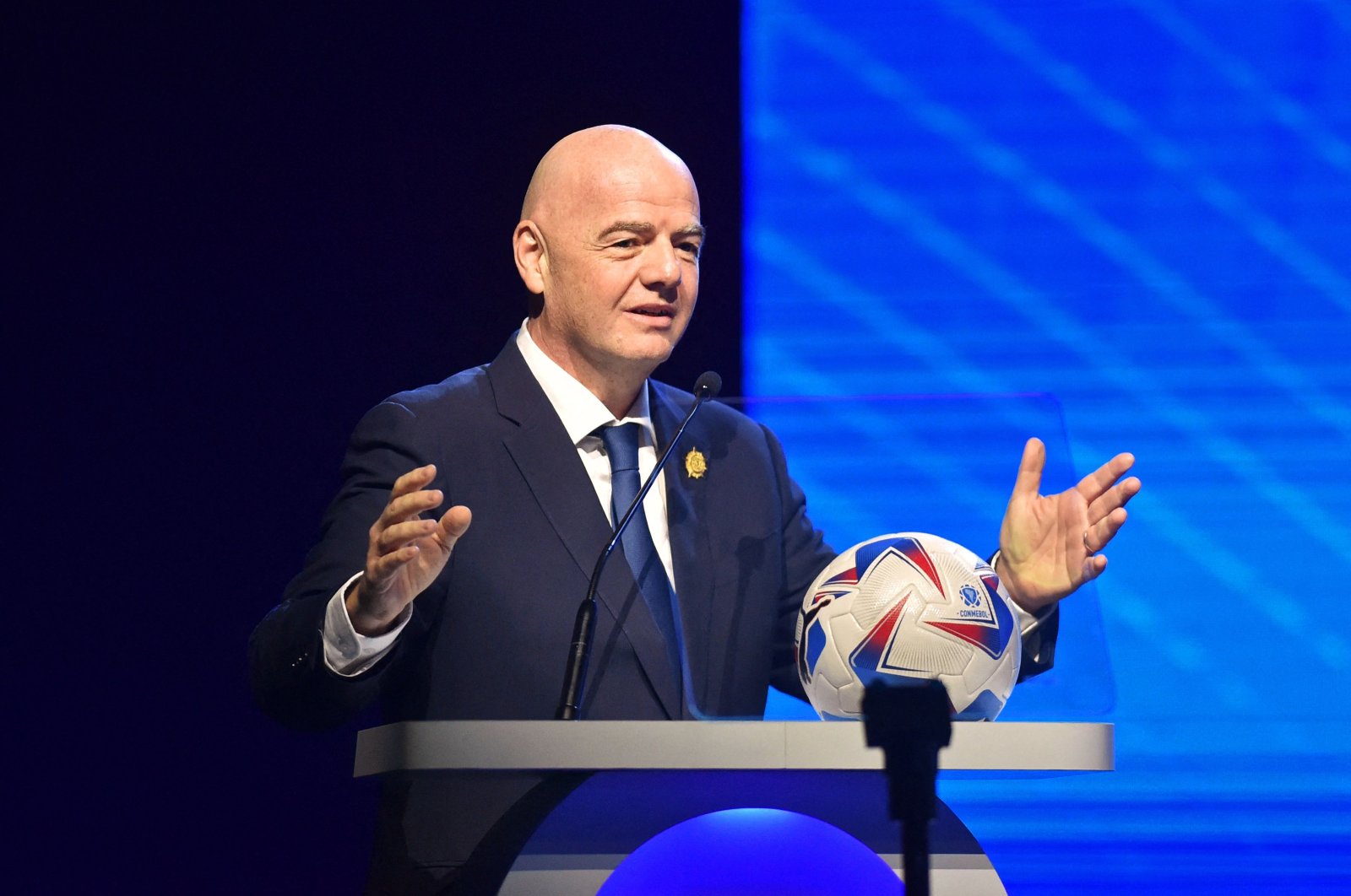 FIFA President Gianni Infantino delivers a speech during Conmebol's 78th Ordinary Congress, Luque, Paraguay, April 11, 2024. (AFP Photo)