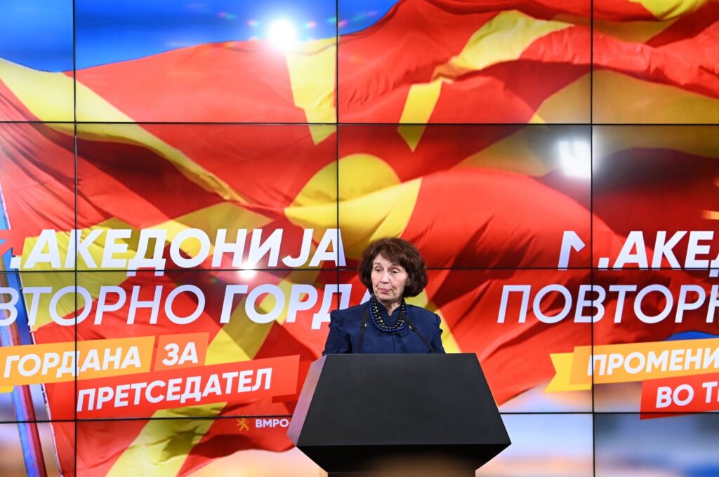 North Macedonia's VMRO-DPMNE presidential candidate Gordana Siljanovska Davkova talks during a press conference in Skopje, Republic of North Macedonia, May 8, 2024. (EPA Photo)
