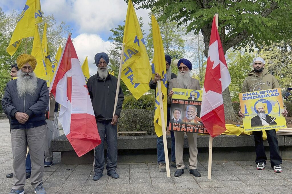 Members of British Columbia's Sikh community gather in front of the courthouse in Surrey, British Columbia, Canada, May 7, 2024. (AP Photo)