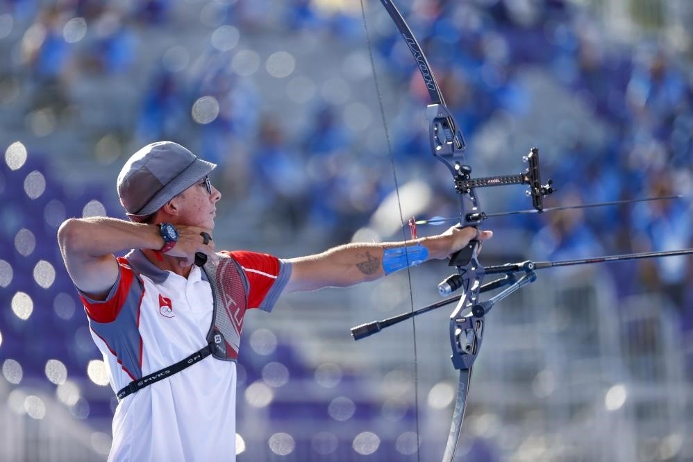 Turkish national archer Mete Gazoz in action against Slovenia's Den Habjan Malavasic at the European Archery Championship, Essen, Germany, May 12, 2024. (IHA Photo)