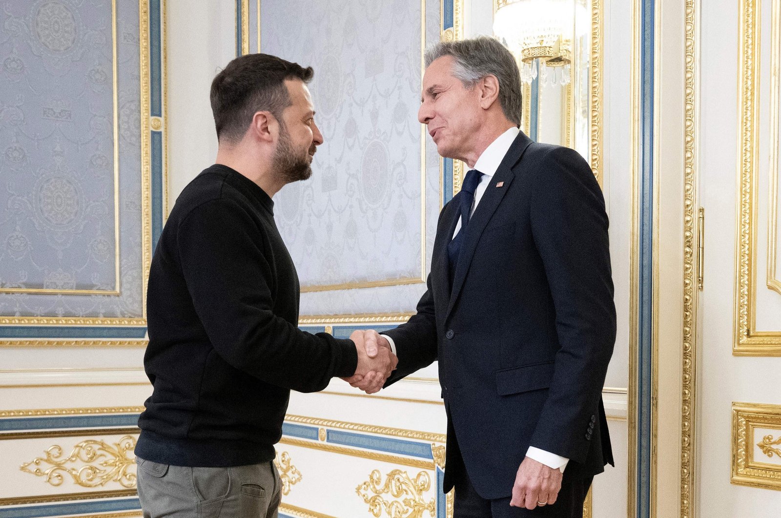 Ukraine's President Volodymyr Zelenskyy (L) greets U.S. Secretary of State Antony Blinken (R) in Kyiv, Ukraine, May 14, 2024. (AFP Photo)