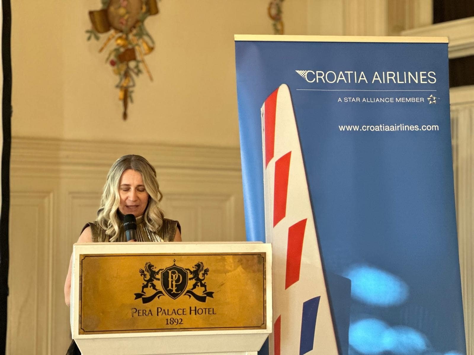 327851 Croatia's Istanbul Consul General Ivana Zerec delivers a speech on the inauguration event of the new direct route of Croatia Airlines between Split and Istanbul, Istanbul, Türkiye, May 13, 2024. (Courtesy of the Consulate)