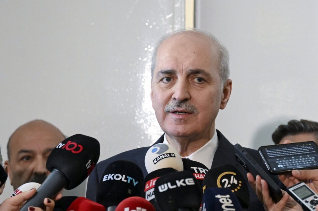Parliament Speaker Numan Kurtulmuş talks to reporters after meeting the Nationalist Movement Party (MHP) group at Parliament, Ankara, Türkiye, May 14, 2024. (AA Photo)