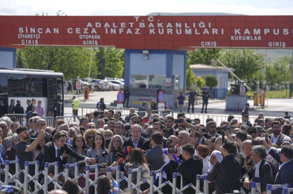 Peoples' Equality and Democracy Party (DEM Party) officials speak to reporters outside the prison-courthouse complex where the trial was held, Ankara, Türkiye, May 16, 2024. (AA Photo)
