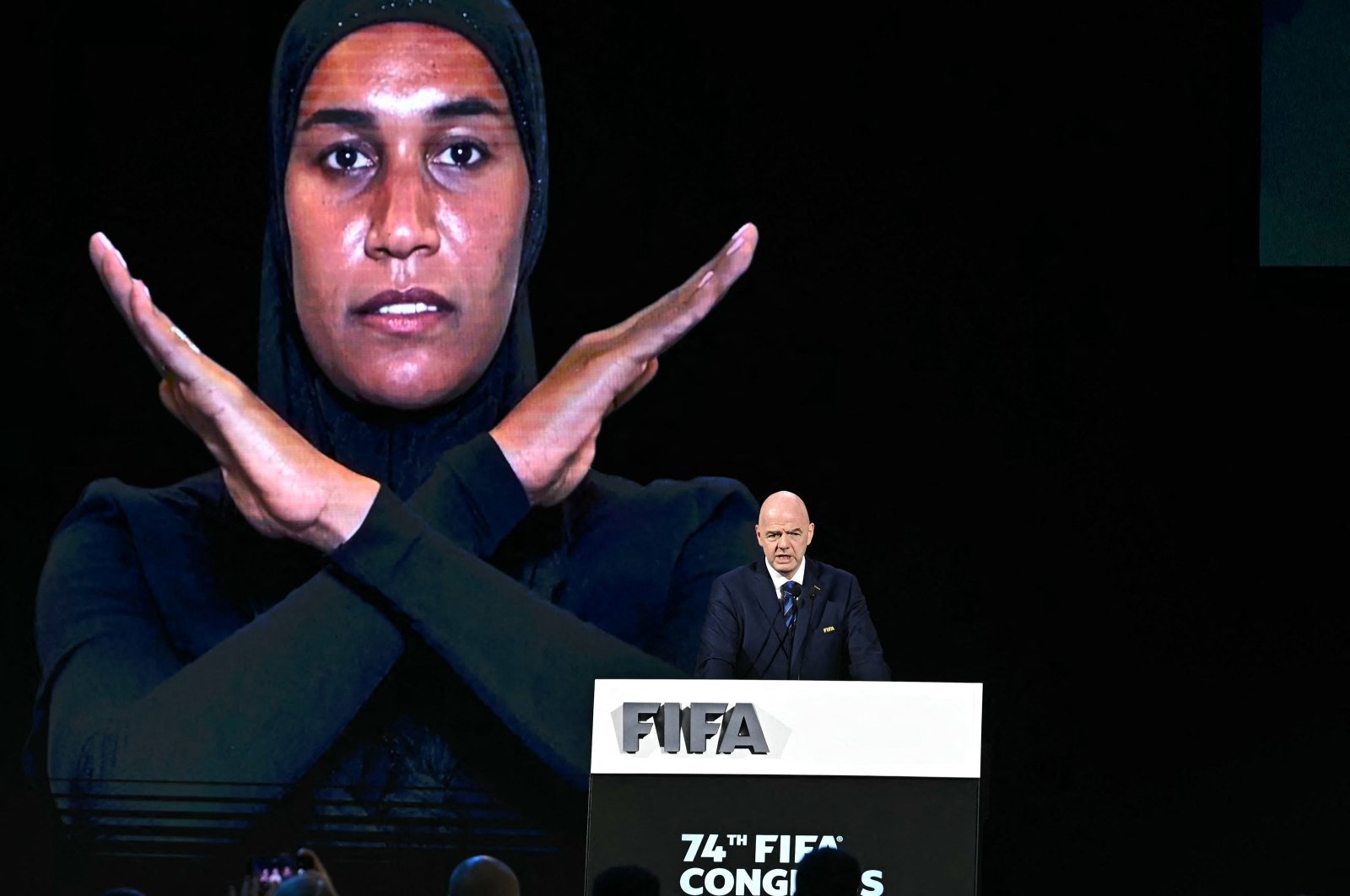 FIFA President Gianni Infantino makes a speech on anti-racism proposals during the 74th FIFA Congress, Bangkok, Thailand, May 17, 2024. (AFP Photo)