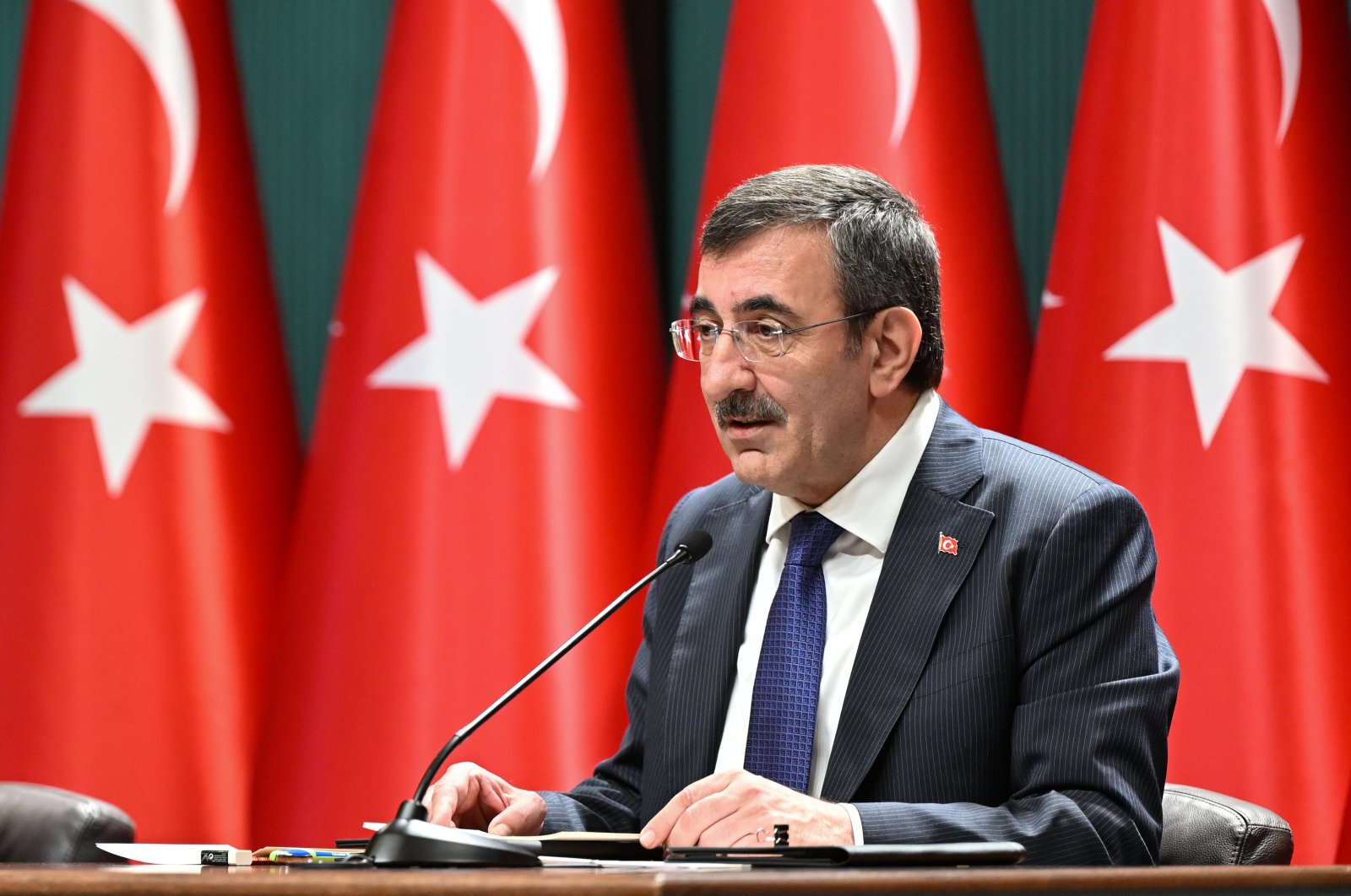 Vice President Cevdet Yılmaz speaks during a press conference to unveil a savings measures package, Ankara, Türkiye, May 13, 2024. (AA Photo)