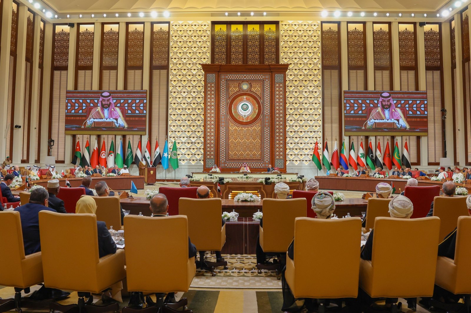A handout photo made available by the official Bahrain News Agency (BNA) shows Arab leaders and representatives attending the 33rd Arab League Summit in Manama, Bahrain, May 16, 2024.  (Bahrain News Agency Handout via EPA)