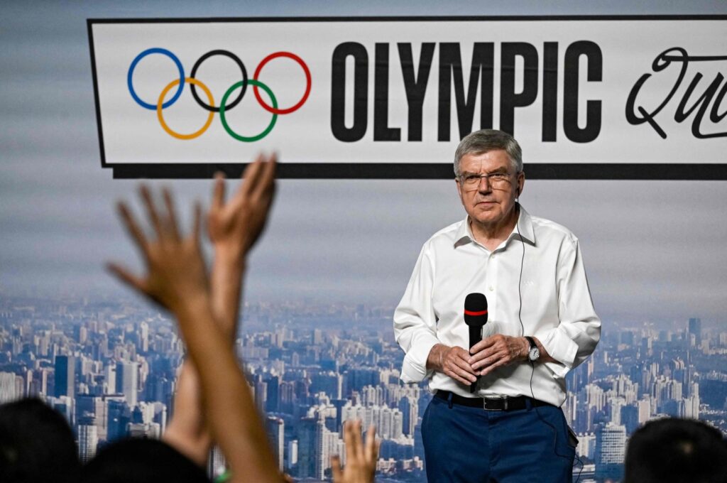 International Olympic Committee (IOC) President Thomas Bach prepares to answer a question at a press conference during the Olympic Qualifier Series for breaking, BMX freestyle, skateboarding, and sport climbing events ahead of the Paris 2024 Olympic and Paralympic Games, Shanghai, China, May 19, 2024. (AFP Photo)
