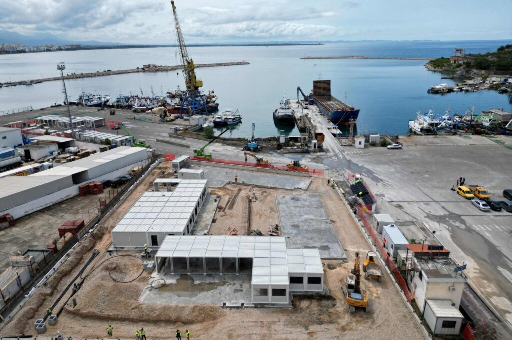 This aerial photograph shows a view of the construction site of a holding center for migrants rescued in Italian waters in the port of Shengjin, some 60 km northwest of the capital Tirana, on May 2, 2024. (AFP Photo)