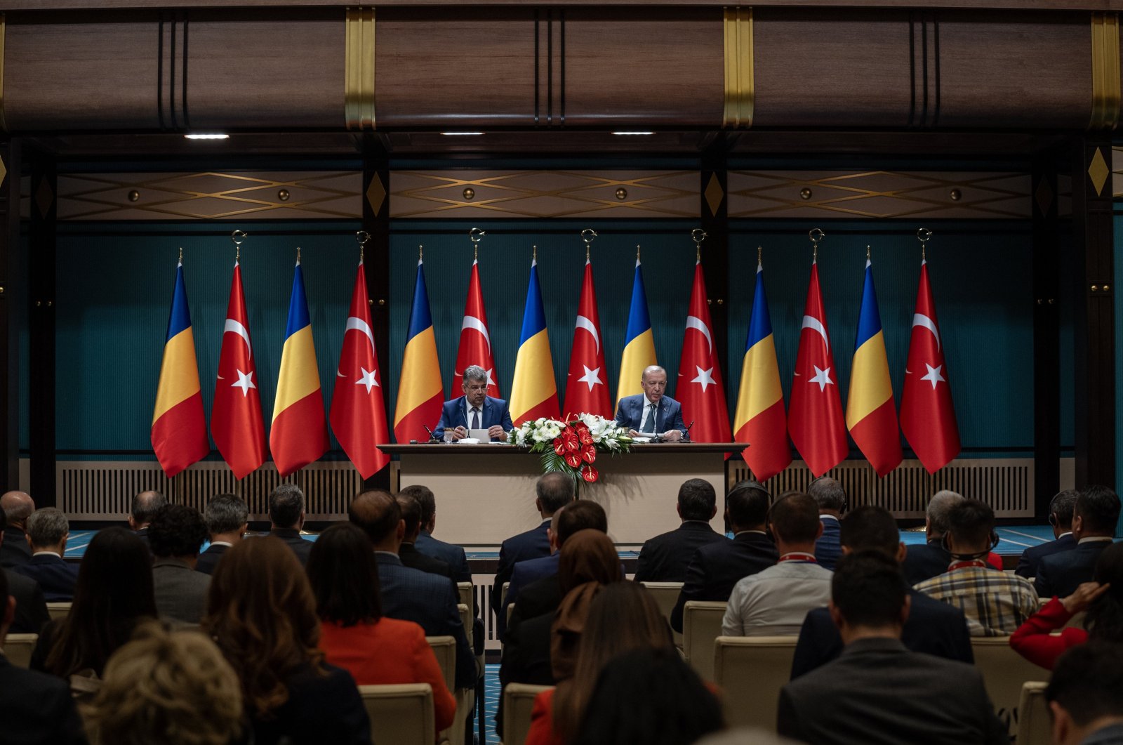President Recep Tayyip Erdoğan and Romania's Prime Minister Marcel Ciolacu attend a joint news conference in Ankara, Tuesday, May 21, 2024. (AA Photo)