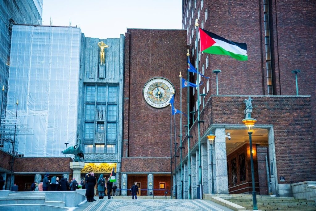 The Palestinian flag is seen in the courtyard outside Oslo City Hall in Oslo, Norway, Nov. 29, 2023. (Reuters Photo)