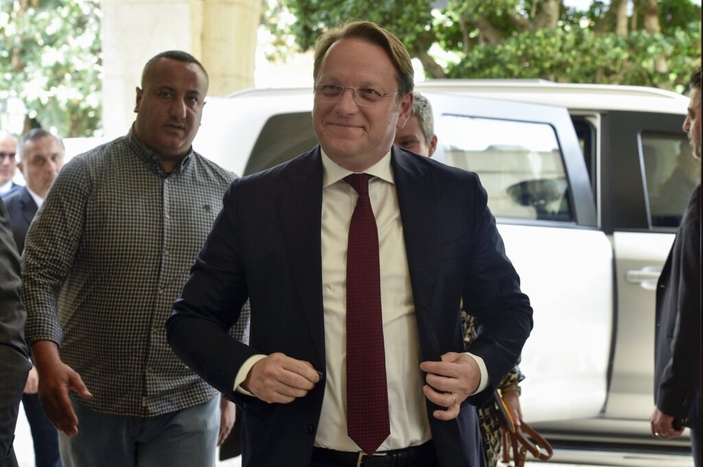 European Commissioner for Neighbourhood and Enlargement Oliver Varhelyi arrives for a meeting, Beirut, Lebanon, April 22, 2024. (EPA Photo)