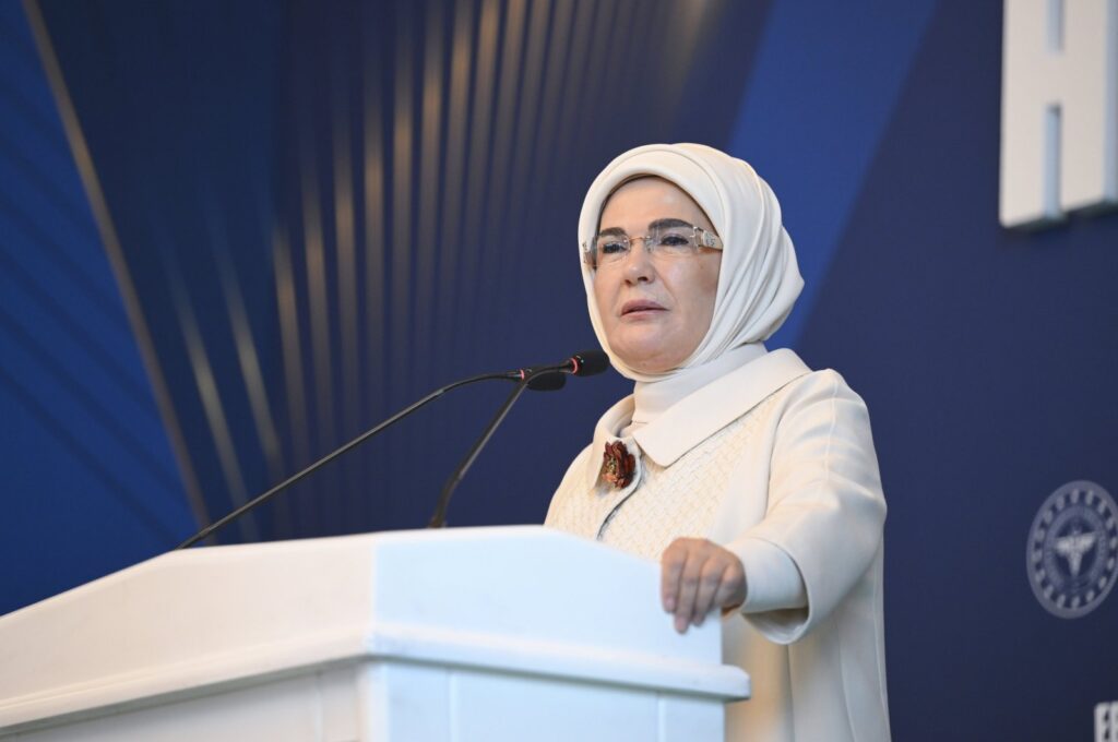 Türkiye's first lady Emine Erdoğan speaks at an event, Istanbul, Türkiye, May 18, 2024. (AA Photos)